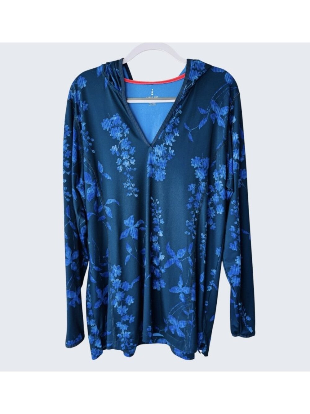 2/$30 Lands End Blue Floral Long Sleeve Hooded Pullover Top with Thumbholes 1X
